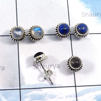 3Pairs Moonstone,Lapis,Rutile B - SSE869-5mm Round Shape Wholesale 3Pairs Stud Earrings With Multi