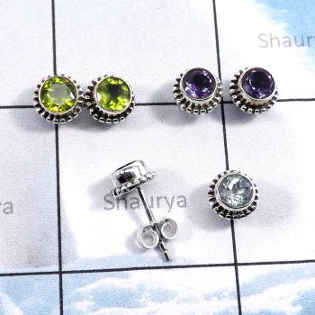 3Pairs Blue Topaz,Peridot,Amethyst C - SSE869-5mm Round Shape Wholesale 3Pairs Stud Earrings With Multi