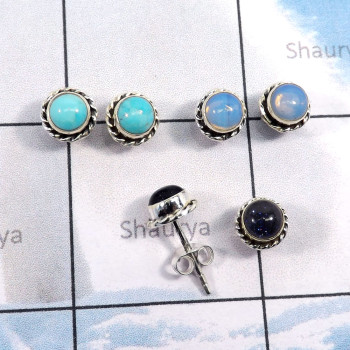 3Pairs Blue Send Stone,Turquoise,Opalite C - SSE868-Wholesale 3Pairs 5mm Round Stud Earrings With Multi Gemst