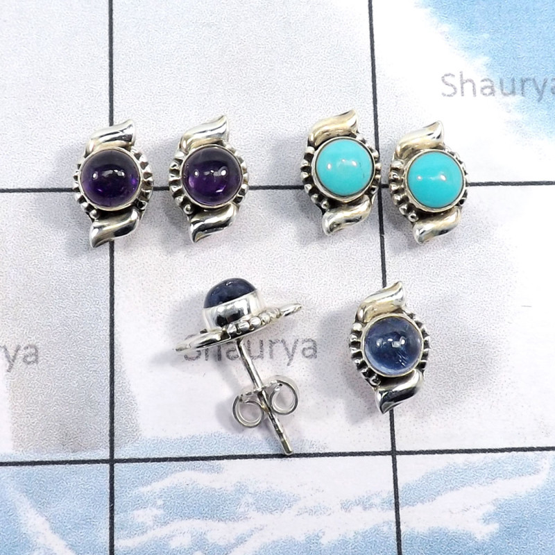 3Pairs Amethyst,Turquoise,Tanzanite O - SSE866-Indian Factory Made Wholesale 3Pairs Designer Stud Earrin 3Pairs Amethyst,Turquoise,Tanzanite O - SSE866-Indian Factory Made Wholesale 3Pairs Designer Stud Earrin