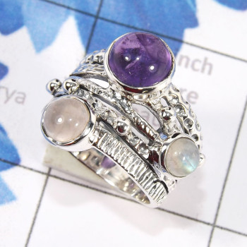Rainbow Moonstone,Rose Quartz & Amethyst B - SDR718-Three Stone Designer Rings Jewellery With Semiprecious Ge