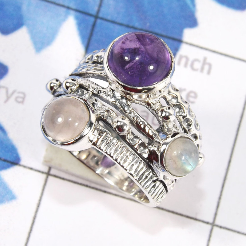 Rainbow Moonstone,Rose Quartz & Amethyst B - SDR718-Three Stone Designer Rings Jewellery With Semiprecious Ge
