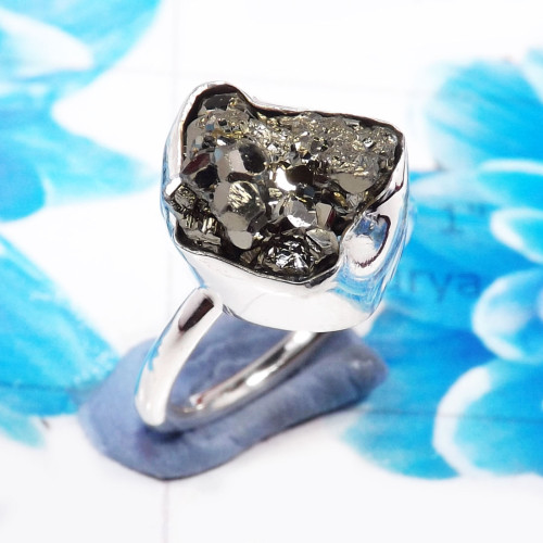 Pyrite Druzy I - STK969-Gorgeous Pyrite Druzy Designer 925 Sterling Silver Ring W Pyrite Druzy I - STK969-Gorgeous Pyrite Druzy Designer 925 Sterling Silver Ring W