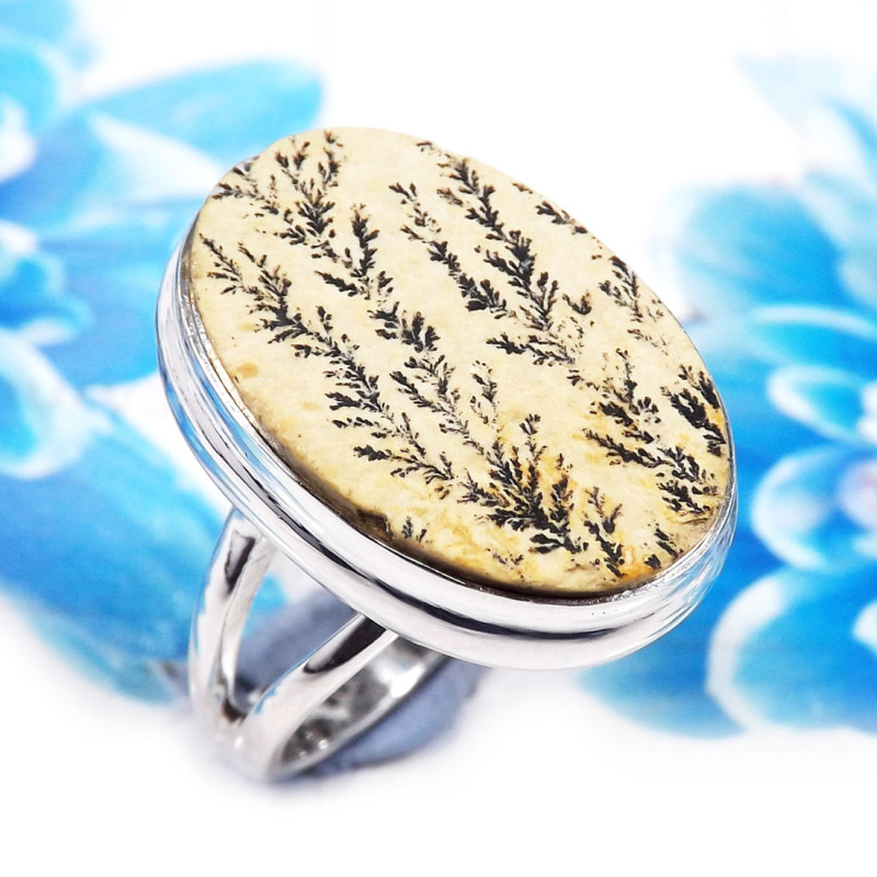 German Psilomelane Dendrite I - PSR784-Unique German Psilomelane Dendrite 925 Sterling Silver Pl German Psilomelane Dendrite I - PSR784-Unique German Psilomelane Dendrite 925 Sterling Silver Pl