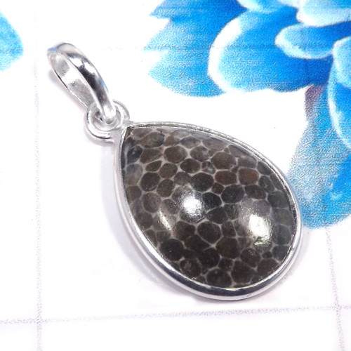 Black Coral B - BPS954-Trendy Black Coral 925 Sterling Silver Plain Bezel Pend Black Coral B - BPS954-Trendy Black Coral 925 Sterling Silver Plain Bezel Pend