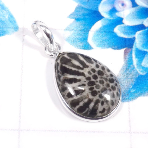 Black Coral D - BPS954-Trendy Black Coral  925 Sterling Silver  Plain Bezel Pend