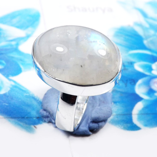 Rainbow Moonstone C - PSR782-Stylish Rainbow Moonstone 925 Sterling Silver Plain Rings