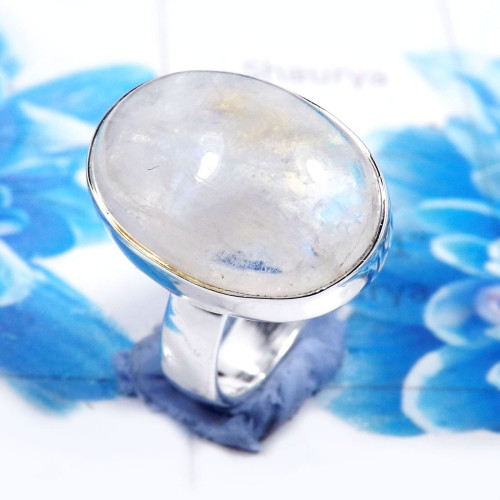 Rainbow Moonstone E - PSR782-Stylish Rainbow Moonstone 925 Sterling Silver Plain Rings