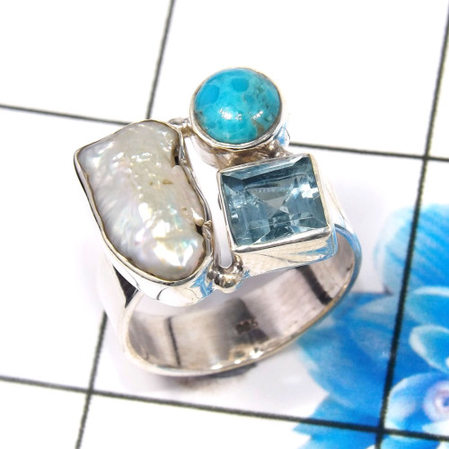 Blue Copper Turquoise,Pearl & Blue Topaz B - CLR945-Gorgeous 925 Sterling Silver Factory Handmade Cluster Rin Blue Copper Turquoise,Pearl & Blue Topaz B - CLR945-Gorgeous 925 Sterling Silver Factory Handmade Cluster Rin