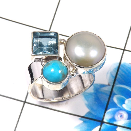 Blue Copper Turquoise,Pearl & Blue Topaz C - CLR945-Gorgeous 925 Sterling Silver Factory Handmade Cluster Rin Blue Copper Turquoise,Pearl & Blue Topaz C - CLR945-Gorgeous 925 Sterling Silver Factory Handmade Cluster Rin
