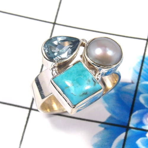Blue Copper Turquoise,Pearl & Blue Topaz D - CLR945-Gorgeous 925 Sterling Silver Factory Handmade Cluster Rin Blue Copper Turquoise,Pearl & Blue Topaz D - CLR945-Gorgeous 925 Sterling Silver Factory Handmade Cluster Rin