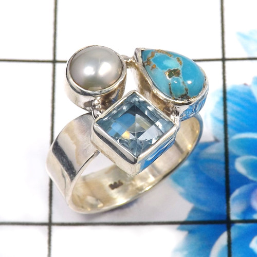 Blue Copper Turquoise,Pearl & Blue Topaz E - CLR945-Gorgeous 925 Sterling Silver Factory Handmade Cluster Rin Blue Copper Turquoise,Pearl & Blue Topaz E - CLR945-Gorgeous 925 Sterling Silver Factory Handmade Cluster Rin