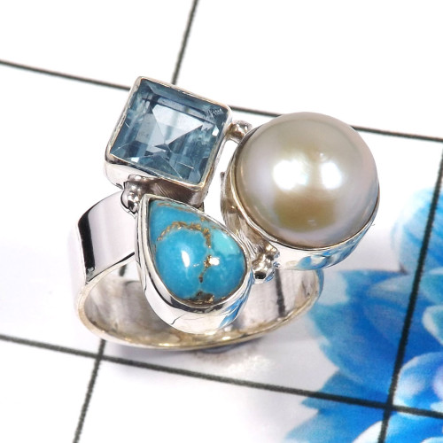 Blue Copper Turquoise,Pearl & Blue Topaz F - CLR945-Gorgeous 925 Sterling Silver Factory Handmade Cluster Rin Blue Copper Turquoise,Pearl & Blue Topaz F - CLR945-Gorgeous 925 Sterling Silver Factory Handmade Cluster Rin