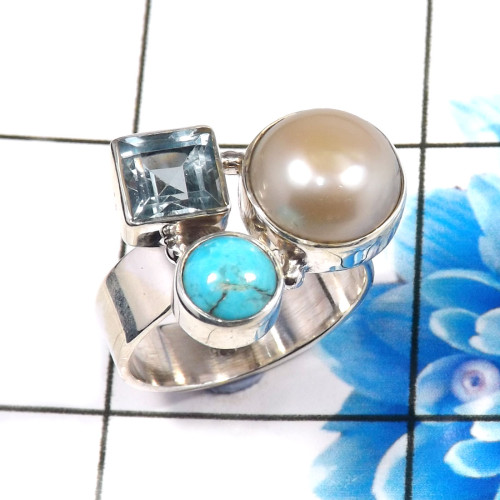 Blue Copper Turquoise,Pearl & Blue Topaz H - CLR945-Gorgeous 925 Sterling Silver Factory Handmade Cluster Rin Blue Copper Turquoise,Pearl & Blue Topaz H - CLR945-Gorgeous 925 Sterling Silver Factory Handmade Cluster Rin
