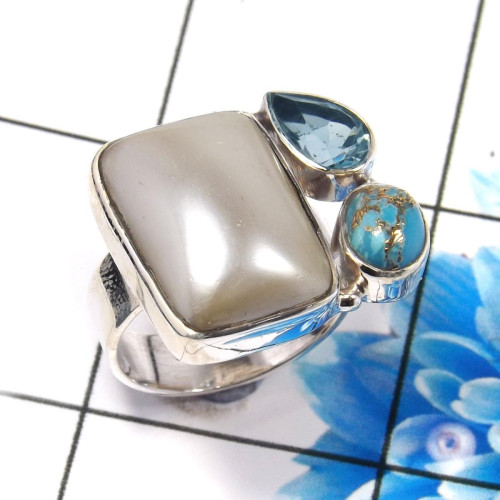 Blue Copper Turquoise,Pearl & Blue Topaz O - CLR945-Gorgeous 925 Sterling Silver Factory Handmade Cluster Rin Blue Copper Turquoise,Pearl & Blue Topaz O - CLR945-Gorgeous 925 Sterling Silver Factory Handmade Cluster Rin
