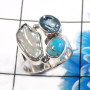 Blue Copper Turquoise,Pearl & Blue Topaz A - CLR944-Trendy Three Stones 925 Sterling Silver Cluster Rings Par