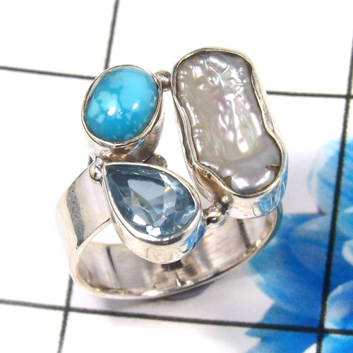 Blue Copper Turquoise,Pearl & Blue Topaz B - CLR944-Trendy Three Stones 925 Sterling Silver Cluster Rings Par Blue Copper Turquoise,Pearl & Blue Topaz B - CLR944-Trendy Three Stones 925 Sterling Silver Cluster Rings Par
