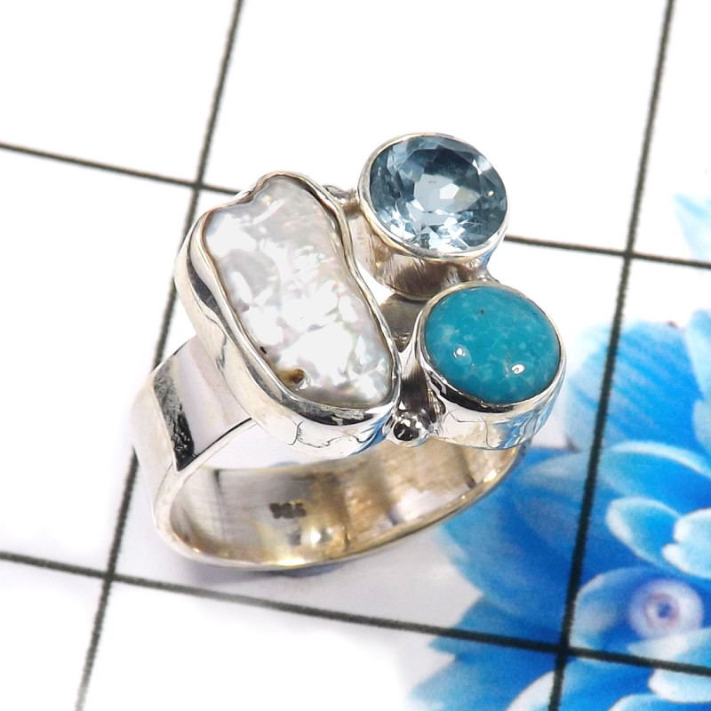 Blue Copper Turquoise,Pearl & Blue Topaz C - CLR944-Trendy Three Stones 925 Sterling Silver Cluster Rings Par