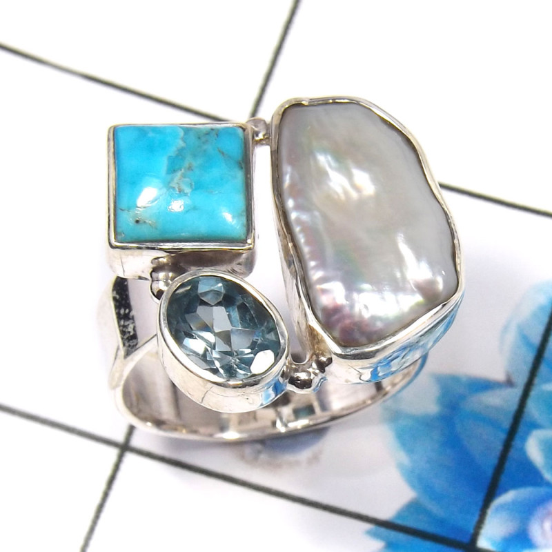 Blue Copper Turquoise,Pearl & Blue Topaz D - CLR944-Trendy Three Stones 925 Sterling Silver Cluster Rings Par
