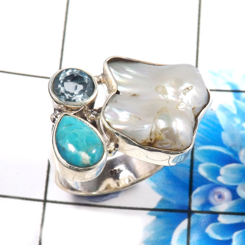 Blue Copper Turquoise,Pearl & Blue Topaz F - CLR944-Trendy Three Stones 925 Sterling Silver Cluster Rings Par Blue Copper Turquoise,Pearl & Blue Topaz F - CLR944-Trendy Three Stones 925 Sterling Silver Cluster Rings Par