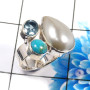 Blue Copper Turquoise,Pearl & Blue Topaz I - CLR944-Trendy Three Stones 925 Sterling Silver Cluster Rings Par