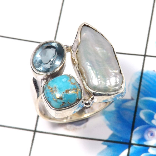 Blue Copper Turquoise,Pearl & Blue Topaz J - CLR944-Trendy Three Stones 925 Sterling Silver Cluster Rings Par