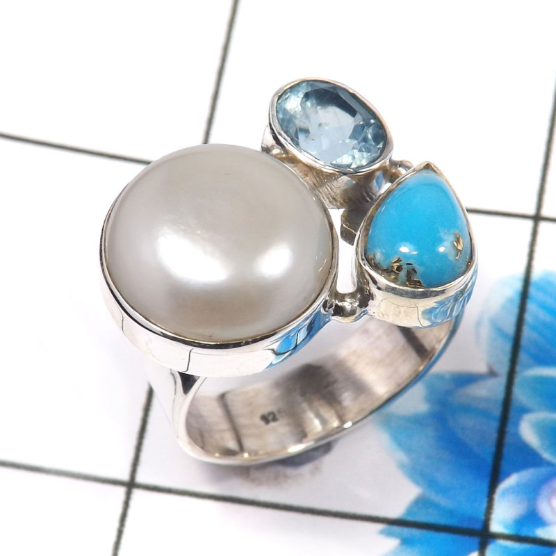Blue Copper Turquoise,Pearl & Blue Topaz K - CLR944-Trendy Three Stones 925 Sterling Silver Cluster Rings Par Blue Copper Turquoise,Pearl & Blue Topaz K - CLR944-Trendy Three Stones 925 Sterling Silver Cluster Rings Par