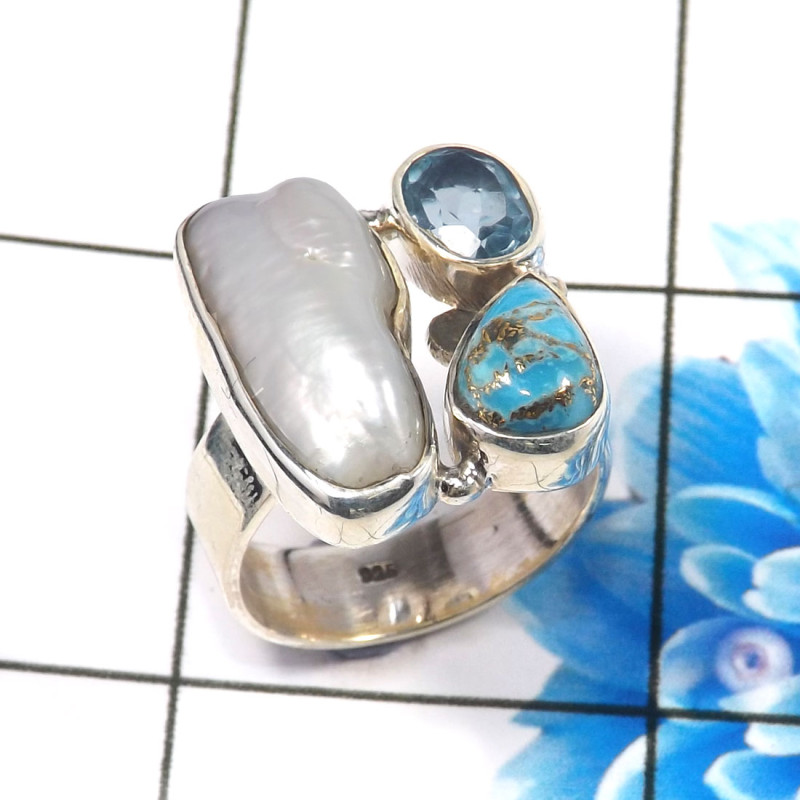 Blue Copper Turquoise,Pearl & Blue Topaz L - CLR944-Trendy Three Stones 925 Sterling Silver Cluster Rings Par Blue Copper Turquoise,Pearl & Blue Topaz L - CLR944-Trendy Three Stones 925 Sterling Silver Cluster Rings Par