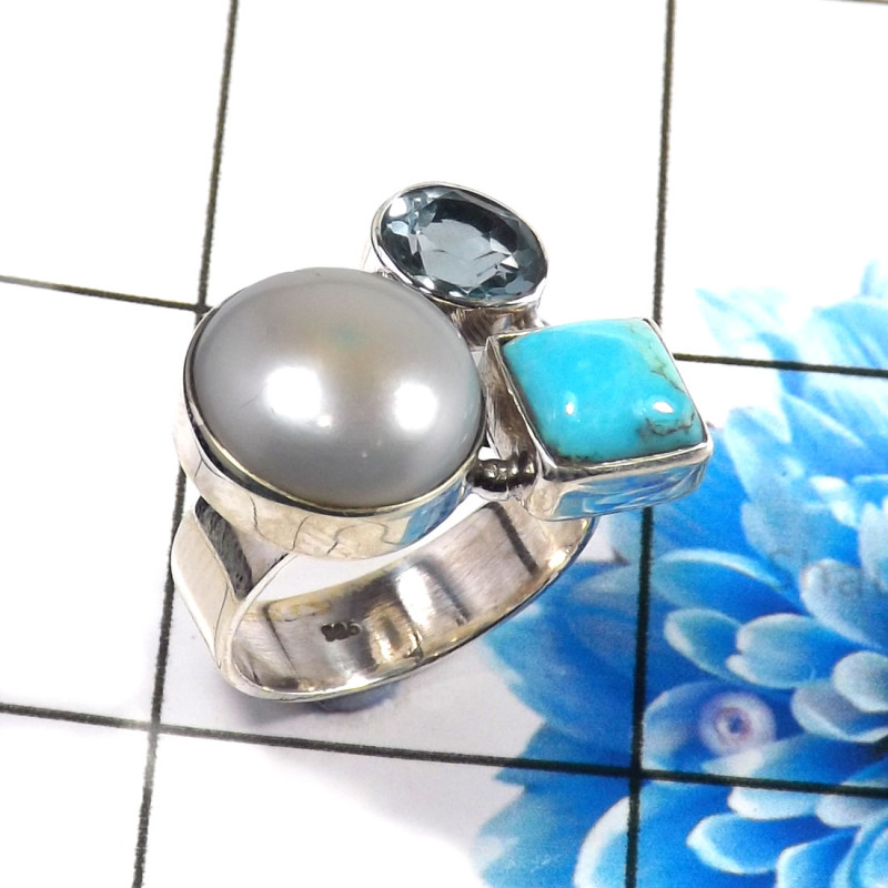 Blue Copper Turquoise,Pearl & Blue Topaz M - CLR944-Trendy Three Stones 925 Sterling Silver Cluster Rings Par Blue Copper Turquoise,Pearl & Blue Topaz M - CLR944-Trendy Three Stones 925 Sterling Silver Cluster Rings Par