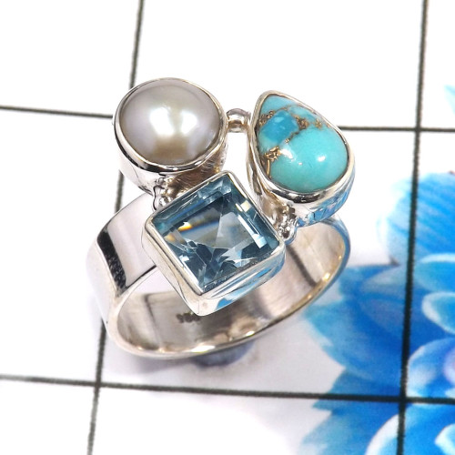 Blue Copper Turquoise,Pearl & Blue Topaz O - CLR944-Trendy Three Stones 925 Sterling Silver Cluster Rings Par Blue Copper Turquoise,Pearl & Blue Topaz O - CLR944-Trendy Three Stones 925 Sterling Silver Cluster Rings Par
