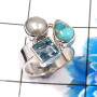 Blue Copper Turquoise,Pearl & Blue Topaz O - CLR944-Trendy Three Stones 925 Sterling Silver Cluster Rings Par