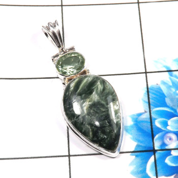 Green Amethyst & Seraphinite O - SSP882-925 Sterling Silver Fabulous Two Stone Designer Pendants Green Amethyst & Seraphinite O - SSP882-925 Sterling Silver Fabulous Two Stone Designer Pendants