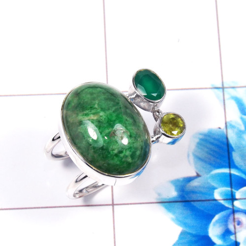 Green Onyx,Jasper E - CLR941-Latest 925 Sterling Silver Party Wear Cluster Ring Wholes Green Onyx,Jasper E - CLR941-Latest 925 Sterling Silver Party Wear Cluster Ring Wholes