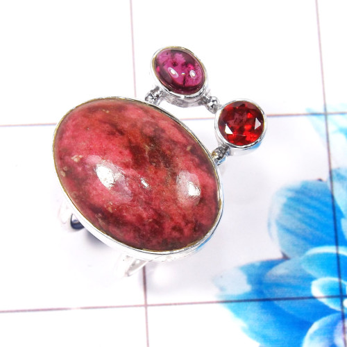 Thulite, Garnet L - CLR941-Latest 925 Sterling Silver Party Wear Cluster Ring Wholes Thulite, Garnet L - CLR941-Latest 925 Sterling Silver Party Wear Cluster Ring Wholes