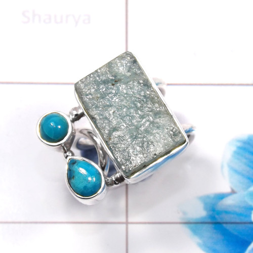 Aquamarine Rough & Blue Turquoise M - CLR941-Latest 925 Sterling Silver Party Wear Cluster Ring Wholes Aquamarine Rough & Blue Turquoise M - CLR941-Latest 925 Sterling Silver Party Wear Cluster Ring Wholes