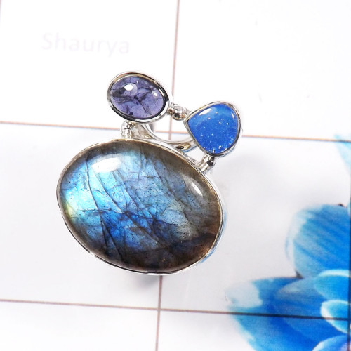 Labradorite & Amethyst  H - CLR940-925 Sterling Silver Fabulous Designer Made Cluster Rings