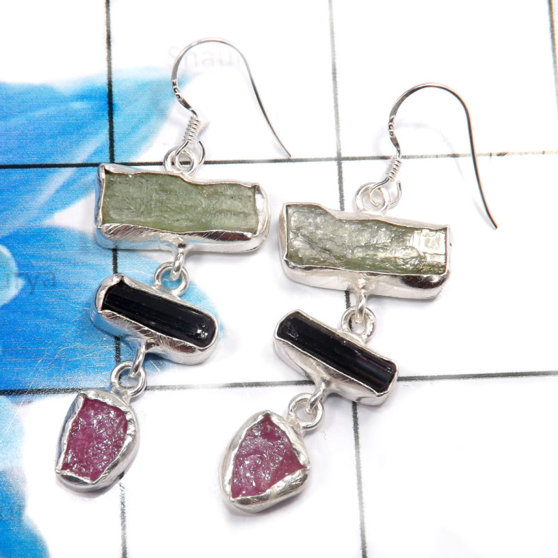 Green Kynite,Ruby & Black Tourmaline Rough H - XSE944-925 Sterling Silver Fabulous Rough Stone Earrings Company Green Kynite,Ruby & Black Tourmaline Rough H - XSE944-925 Sterling Silver Fabulous Rough Stone Earrings Company