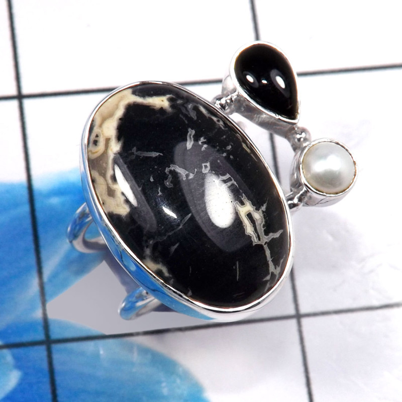 Pearl & Onyx E - CLR935-925 Sterling Silver Designer Handmade Custer Rings Wholes Pearl & Onyx E - CLR935-925 Sterling Silver Designer Handmade Custer Rings Wholes