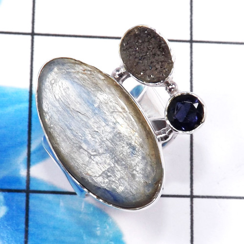 Amethyst,Druzy & Blue Kynite F - CLR935-925 Sterling Silver Designer Handmade Custer Rings Wholes Amethyst,Druzy & Blue Kynite F - CLR935-925 Sterling Silver Designer Handmade Custer Rings Wholes