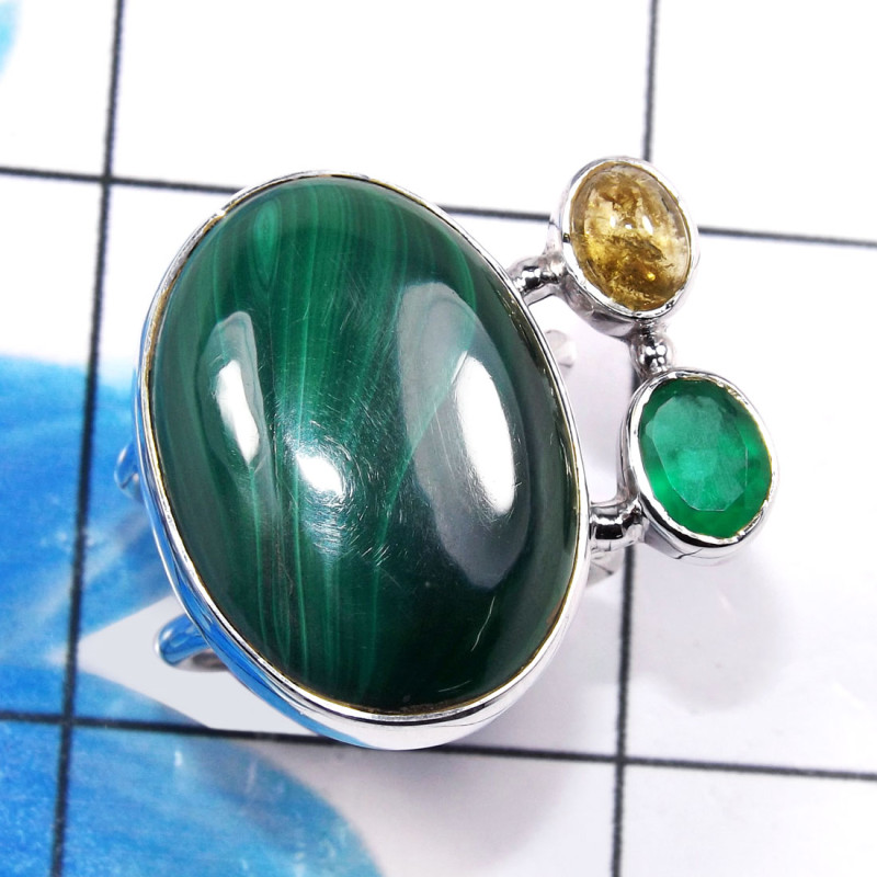 Malachite,Green Onyx O - CLR933-Glamorous 925 Sterling Silver Factory Made Cluster Rings