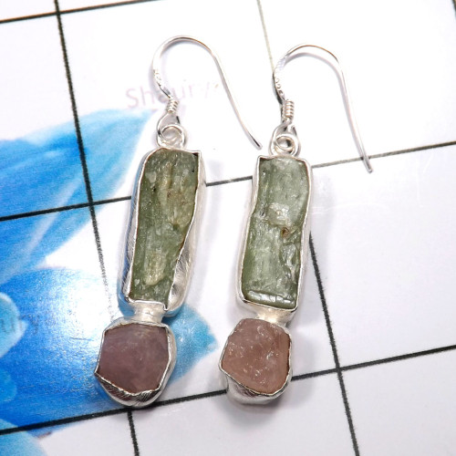 Rose Quartz & Green Kynite B - XSE942-925 Sterling Silver Beautiful Factory Handmade Rough Ston Rose Quartz & Green Kynite B - XSE942-925 Sterling Silver Beautiful Factory Handmade Rough Ston