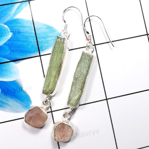 Rose Quartz & Green Kynite G - XSE942-925 Sterling Silver Beautiful Factory Handmade Rough Ston Rose Quartz & Green Kynite G - XSE942-925 Sterling Silver Beautiful Factory Handmade Rough Ston