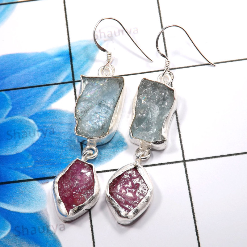 Aquamarine & Pink Ruby B - XSE940-Amazing 925 Sterling Silver Wholesale Rough Stone Earring Aquamarine & Pink Ruby B - XSE940-Amazing 925 Sterling Silver Wholesale Rough Stone Earring