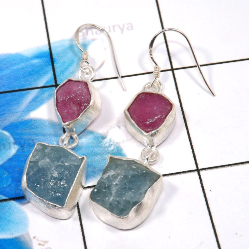 Pink Ruby & Aquamarine A - XSE939-Dazzling Company Made 925 Sterling Silver Rough Stone Jew