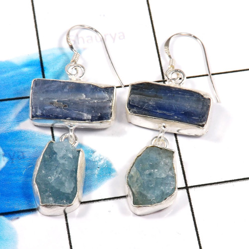 Blue Kynite & Aquamarine Rough G - XSE939-Dazzling Company Made 925 Sterling Silver Rough Stone Jew