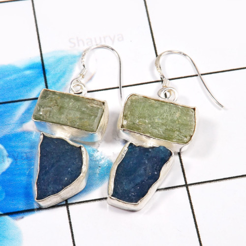 Green Kynite & Apatite O - XSE939-Dazzling Company Made 925 Sterling Silver Rough Stone Jew