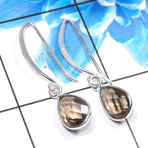 Smokey Cut G - BZE806-Fabulous 925 Sterling Silver Designer Handmade Bezel Earr
