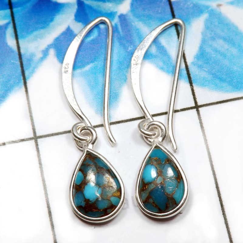 Blue Copper Turquoise J - BZE805-925 Sterling Silver Dazzling Fashionable Bezel Earrings W Blue Copper Turquoise J - BZE805-925 Sterling Silver Dazzling Fashionable Bezel Earrings W
