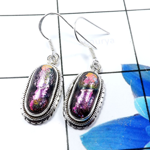 Dichroic Glass F - SDE775-Glorious Dichroic Glass 925 Sterling Silver Designer Earr