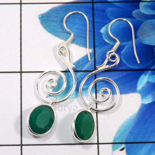 Green Onyx Cut D - BZE789-925 Sterling Silver Preety Design Bezel Earrings Handmade Green Onyx Cut D - BZE789-925 Sterling Silver Preety Design Bezel Earrings Handmade
